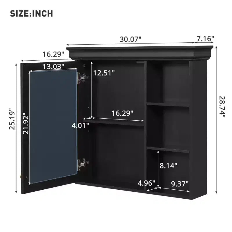 Armoire à pharmacie rectangulaire en MDF de 30 po L x 28 po H avec miroir, tablette réglable, charnières à fermeture amortie et étagères ouvertes