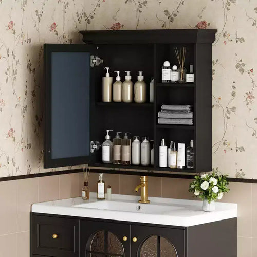 Armoire à pharmacie rectangulaire en MDF de 30 po L x 28 po H avec miroir, tablette réglable, charnières à fermeture amortie et étagères ouvertes