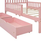 Lit plateforme en bois avec barrières de sécurité pour enfants, cadre de lit plateforme en bois avec 2 tiroirs de rangement