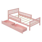 Lit plateforme en bois avec barrières de sécurité pour enfants, cadre de lit plateforme en bois avec 2 tiroirs de rangement