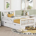 Lit plateforme en bois avec barrières de sécurité pour enfants, cadre de lit plateforme en bois avec 2 tiroirs de rangement