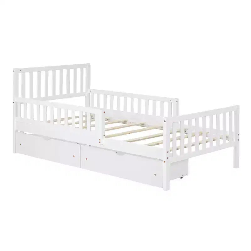 Lit plateforme en bois avec barrières de sécurité pour enfants, cadre de lit plateforme en bois avec 2 tiroirs de rangement
