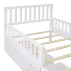 Lit plateforme en bois avec barrières de sécurité pour enfants, cadre de lit plateforme en bois avec 2 tiroirs de rangement