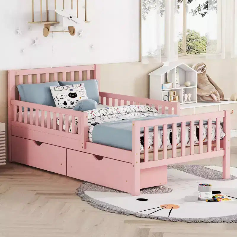 Lit plateforme en bois avec barrières de sécurité pour enfants, cadre de lit plateforme en bois avec 2 tiroirs de rangement