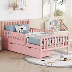 Lit plateforme en bois avec barrières de sécurité pour enfants, cadre de lit plateforme en bois avec 2 tiroirs de rangement