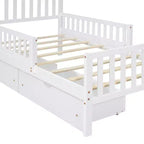 Lit plateforme en bois avec barrières de sécurité pour enfants, cadre de lit plateforme en bois avec 2 tiroirs de rangement