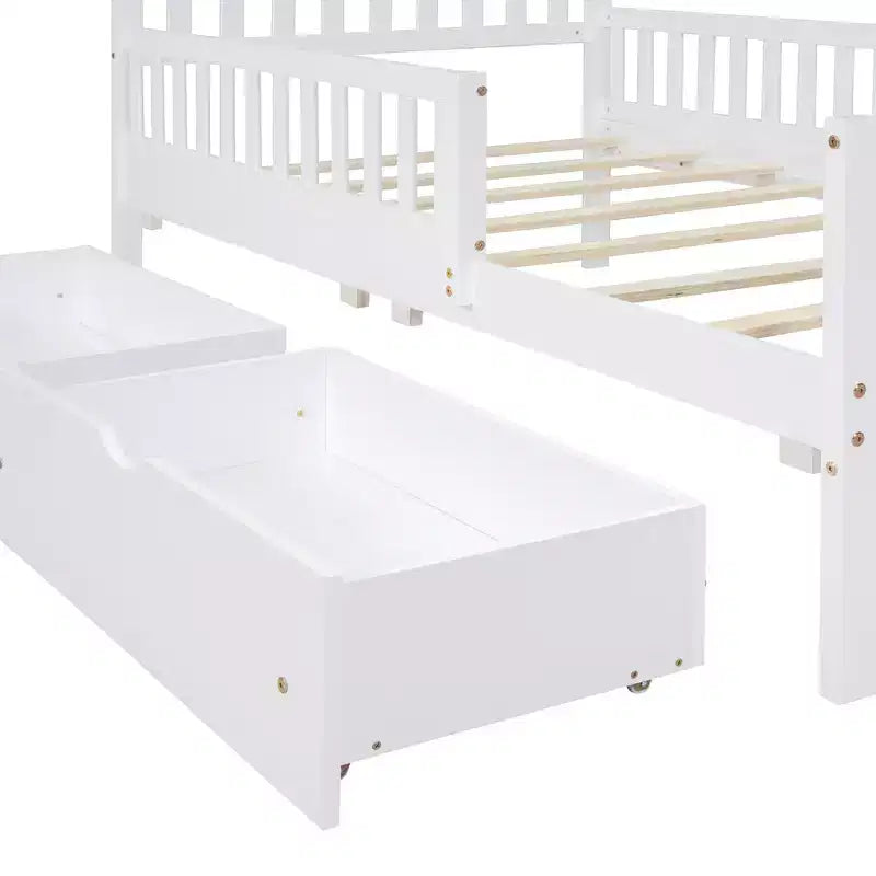 Lit plateforme en bois avec barrières de sécurité pour enfants, cadre de lit plateforme en bois avec 2 tiroirs de rangement