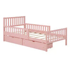 Lit plateforme en bois avec barrières de sécurité pour enfants, cadre de lit plateforme en bois avec 2 tiroirs de rangement