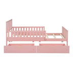 Lit plateforme en bois avec barrières de sécurité pour enfants, cadre de lit plateforme en bois avec 2 tiroirs de rangement