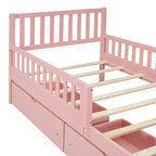 Lit plateforme en bois avec barrières de sécurité pour enfants, cadre de lit plateforme en bois avec 2 tiroirs de rangement
