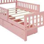 Lit plateforme en bois avec barrières de sécurité pour enfants, cadre de lit plateforme en bois avec 2 tiroirs de rangement