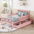 Wood Platform Bed with Guardrails for Kids, Wood Platform Bed Frame with 2 Storage Drawers