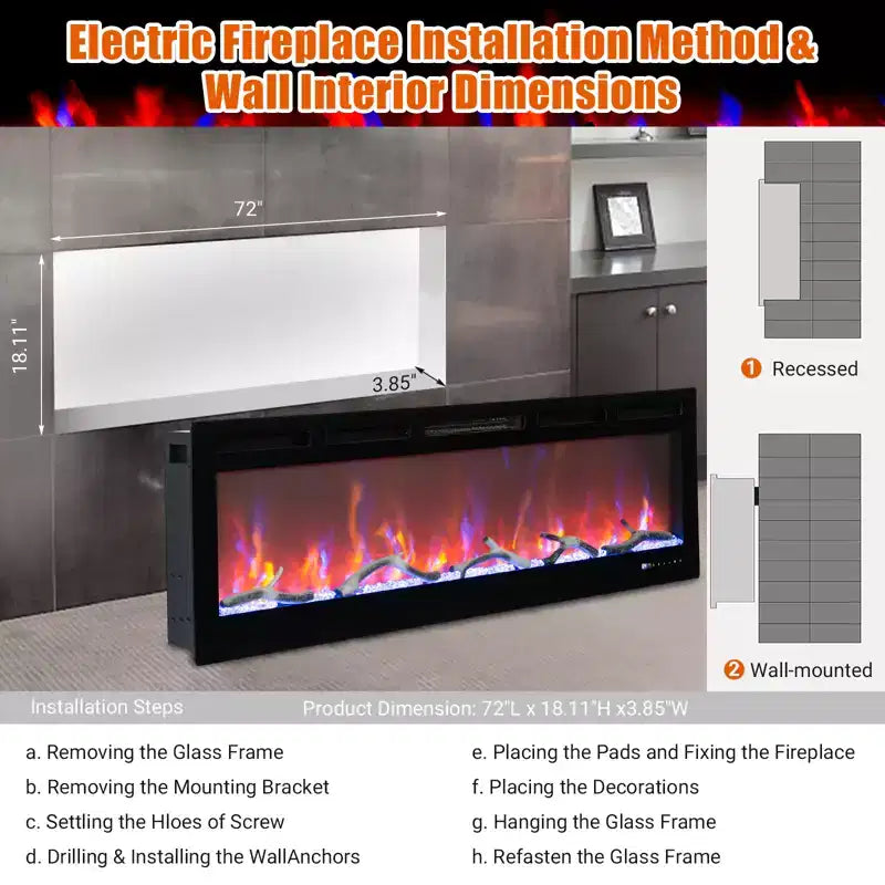 Insert de cheminée électrique murale de 72 pouces, foyer encastré de 12 couleurs de flamme avec double chauffage 750w/1500w, foyer intelligent à commande vocale