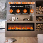 Insert de cheminée électrique murale de 72 pouces, foyer encastré de 12 couleurs de flamme avec double chauffage 750w/1500w, foyer intelligent à commande vocale