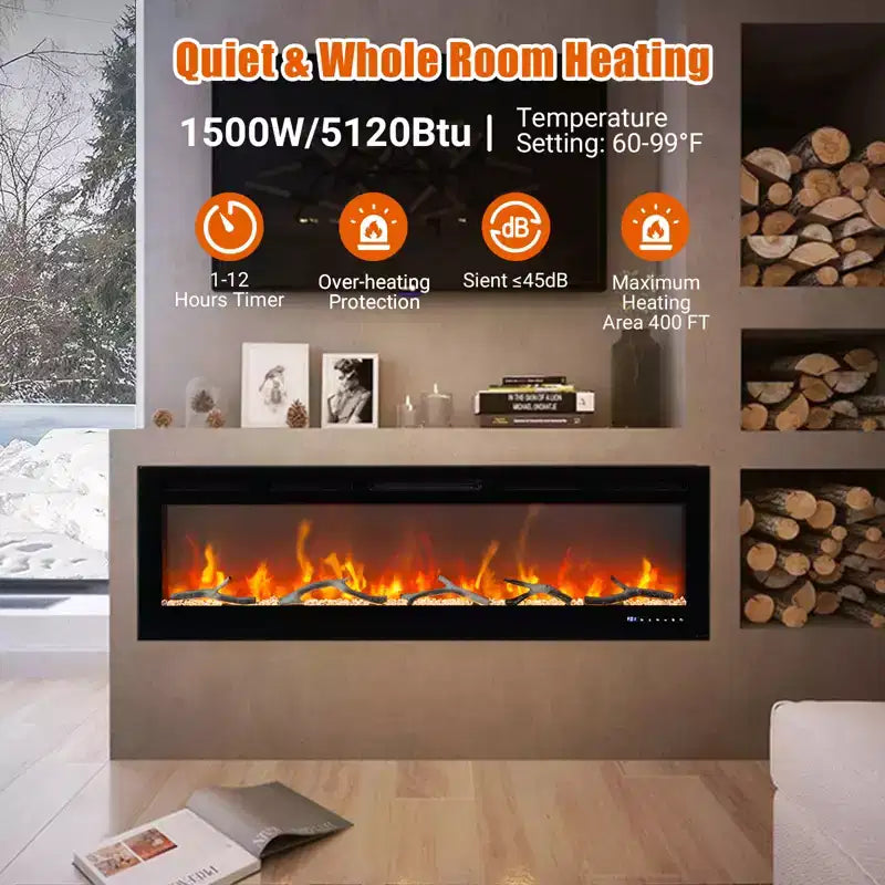 Insert de cheminée électrique murale de 72 pouces, foyer encastré de 12 couleurs de flamme avec double chauffage 750w/1500w, foyer intelligent à commande vocale