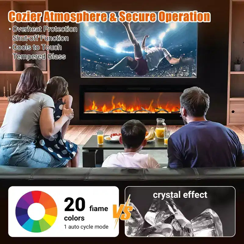 Insert de cheminée électrique murale de 72 pouces, foyer encastré de 12 couleurs de flamme avec double chauffage 750w/1500w, foyer intelligent à commande vocale