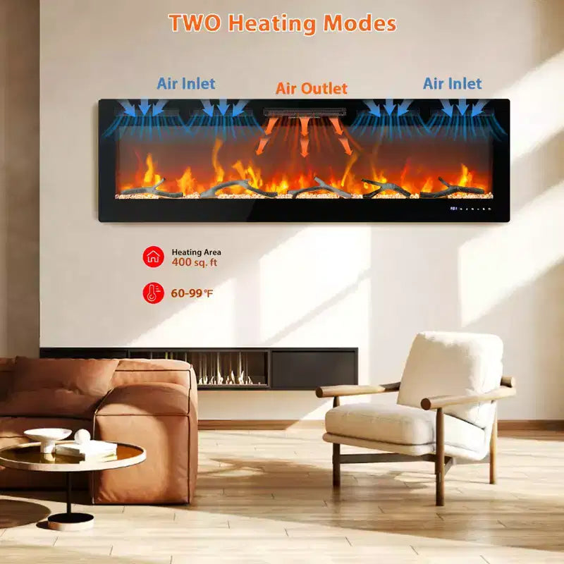 Insert de cheminée électrique murale de 72 pouces, foyer encastré de 12 couleurs de flamme avec double chauffage 750w/1500w, foyer intelligent à commande vocale