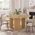 Table à manger ronde moderne de 60 pouces avec pieds cylindriques rayés, table de cuisine en bois massif avec patins anti-rayures pour salle à manger et bar de cuisine, couleur naturelle
