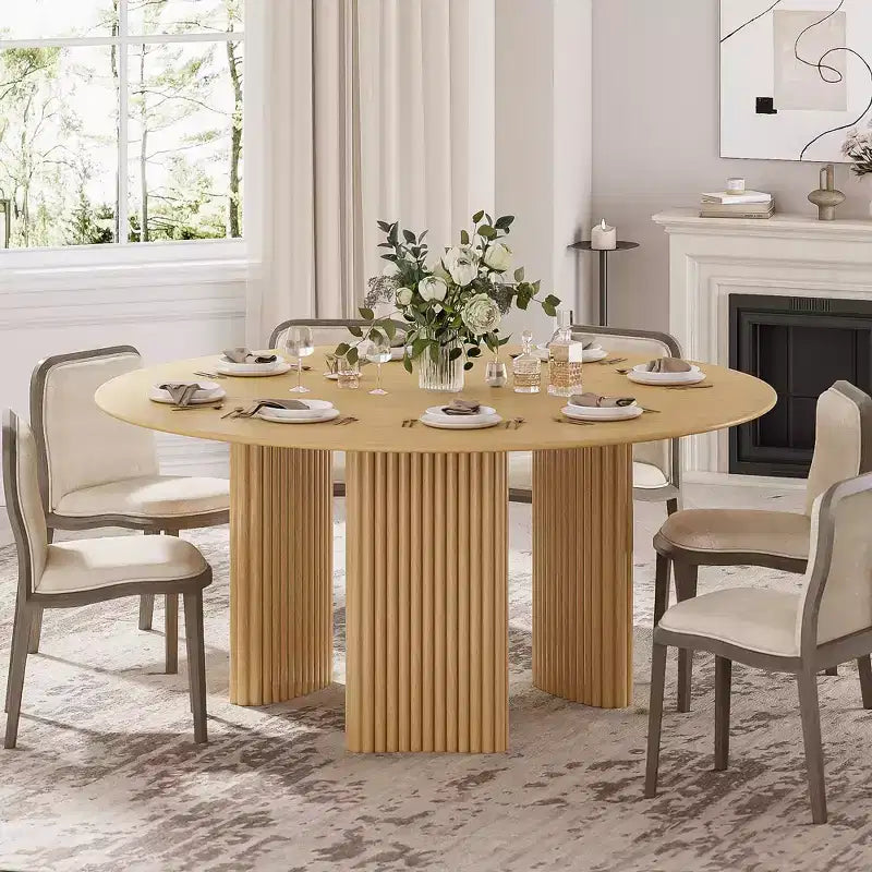 Table à manger ronde moderne de 60 pouces avec pieds cylindriques rayés, table de cuisine en bois massif avec patins anti-rayures pour salle à manger et bar de cuisine, couleur naturelle