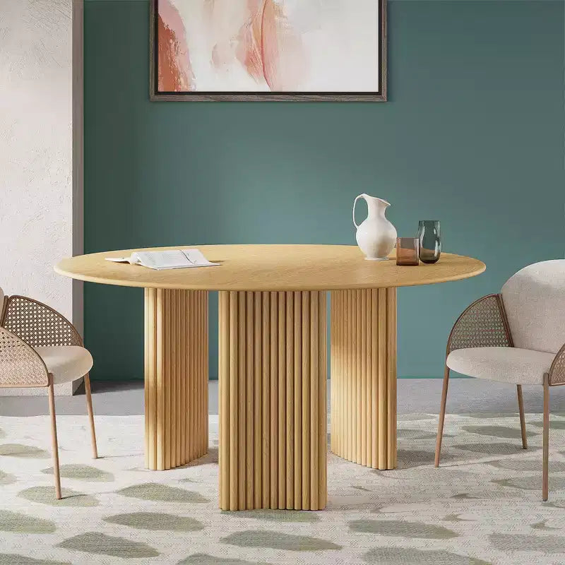 Table à manger ronde moderne de 60 pouces avec pieds cylindriques rayés, table de cuisine en bois massif avec patins anti-rayures pour salle à manger et bar de cuisine, couleur naturelle