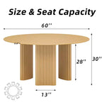 Table à manger ronde moderne de 60 pouces avec pieds cylindriques rayés, table de cuisine en bois massif avec patins anti-rayures pour salle à manger et bar de cuisine, couleur naturelle