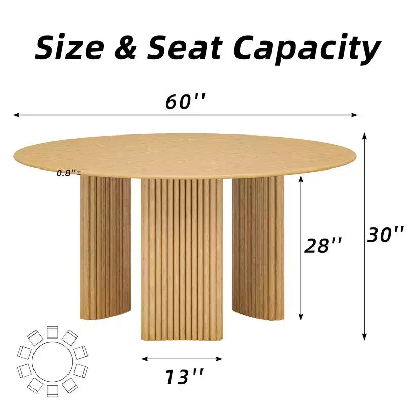 Table à manger ronde moderne de 60 pouces avec pieds cylindriques rayés, table de cuisine en bois massif avec patins anti-rayures pour salle à manger et bar de cuisine, couleur naturelle