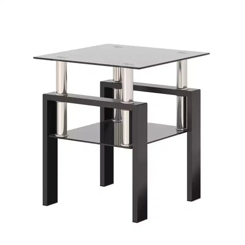 2-Tier Square Glass Coffee Table with Storage Shelf, Modern Living Room or Office Tea Table