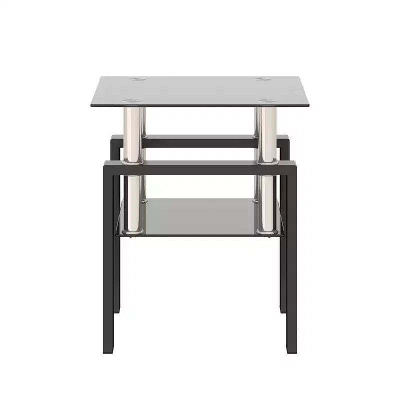 2-Tier Square Glass Coffee Table with Storage Shelf, Modern Living Room or Office Tea Table