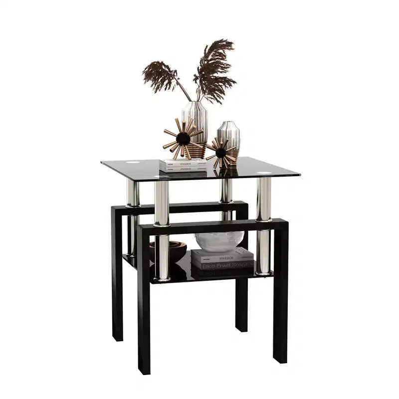 2-Tier Square Glass Coffee Table with Storage Shelf, Modern Living Room or Office Tea Table