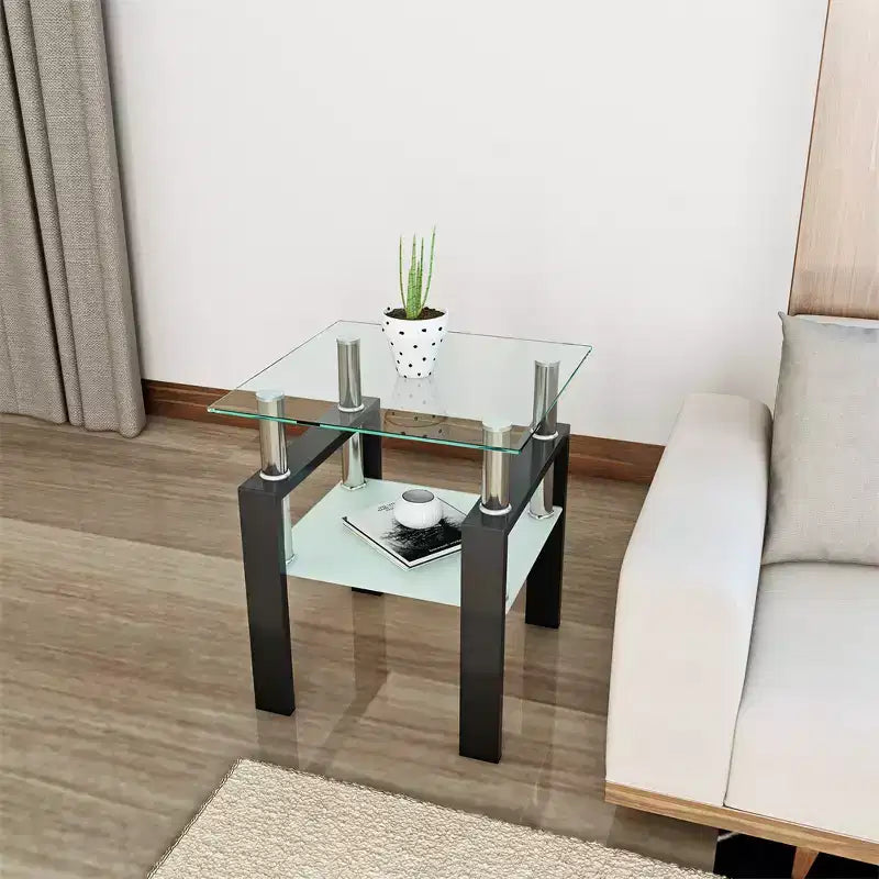 2-Tier Square Glass Coffee Table with Storage Shelf, Modern Living Room or Office Tea Table