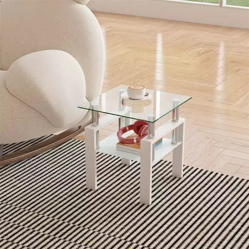 2-Tier Square Glass Coffee Table with Storage Shelf, Modern Living Room or Office Tea Table