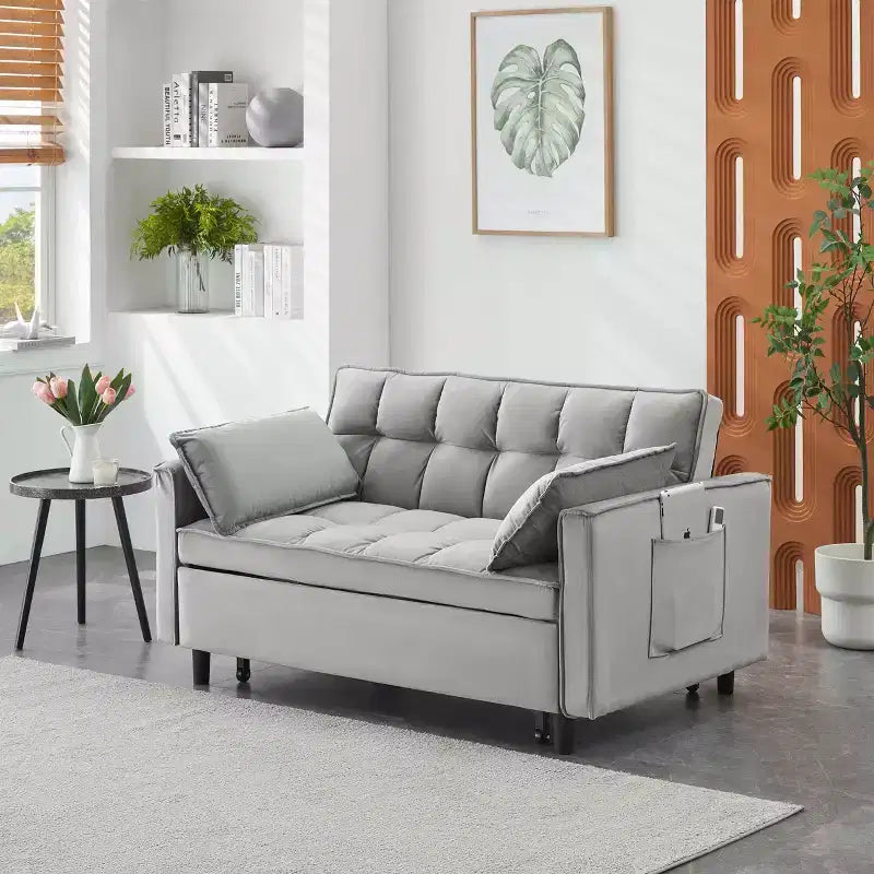 Canapé convertible moderne en velours avec oreillers et poches pour salon et chambre à coucher, gris