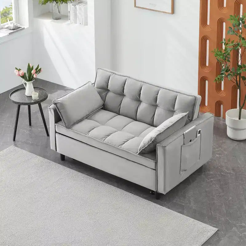 Canapé convertible moderne en velours avec oreillers et poches pour salon et chambre à coucher, gris