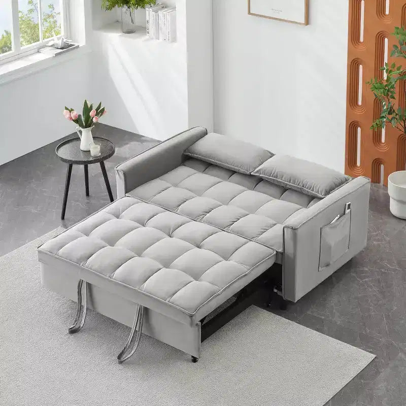 Canapé convertible moderne en velours avec oreillers et poches pour salon et chambre à coucher, gris
