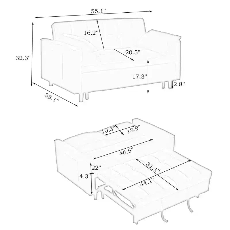 Canapé convertible moderne en velours avec oreillers et poches pour salon et chambre à coucher, gris