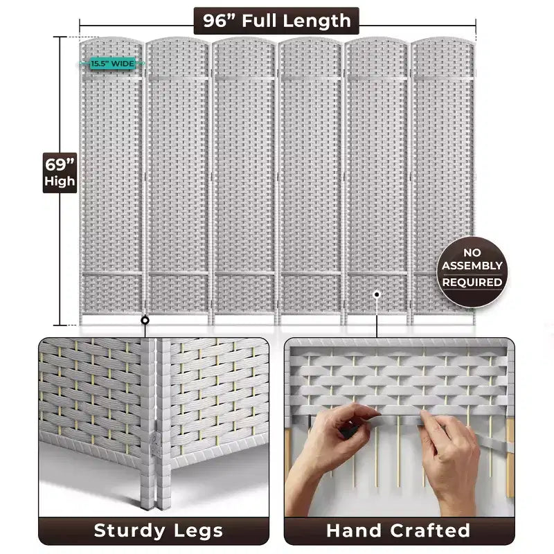 Paravents Séparateurs de Pièce à 6 Panneaux Extra Larges à Double Charnière - Écrans d'Intimité Pliants avec Design en Maille Tressée à la Main, Séparateur Mural pour la Séparation des Pièces