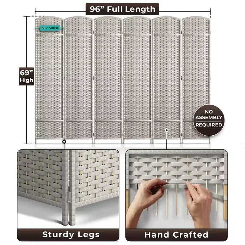 Paravents Séparateurs de Pièce à 6 Panneaux Extra Larges à Double Charnière - Écrans d'Intimité Pliants avec Design en Maille Tressée à la Main, Séparateur Mural pour la Séparation des Pièces