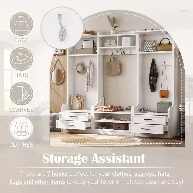 Porte-manteau, Meuble d'entrée avec rangement à chaussures, Meuble à chaussures de style rustique avec 3 tiroirs, 7 crochets, Organisateur de chaussures autoportant pour entrée, couloir, placard