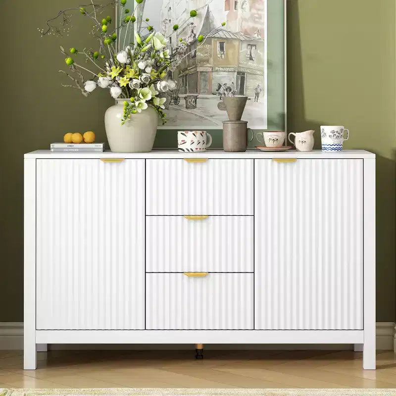 avec design ondulé, 3 étagères réglables, 3 tiroirs et portes à fermeture amortie, console de rangement avec poignées métalliques