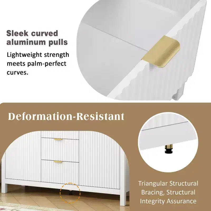 avec design ondulé, 3 étagères réglables, 3 tiroirs et portes à fermeture amortie, console de rangement avec poignées métalliques