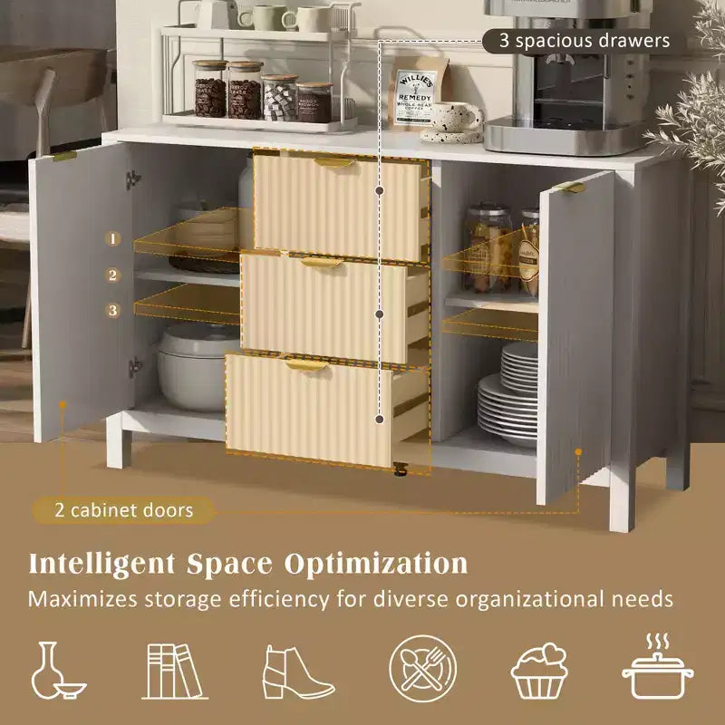 avec design ondulé, 3 étagères réglables, 3 tiroirs et portes à fermeture amortie, console de rangement avec poignées métalliques