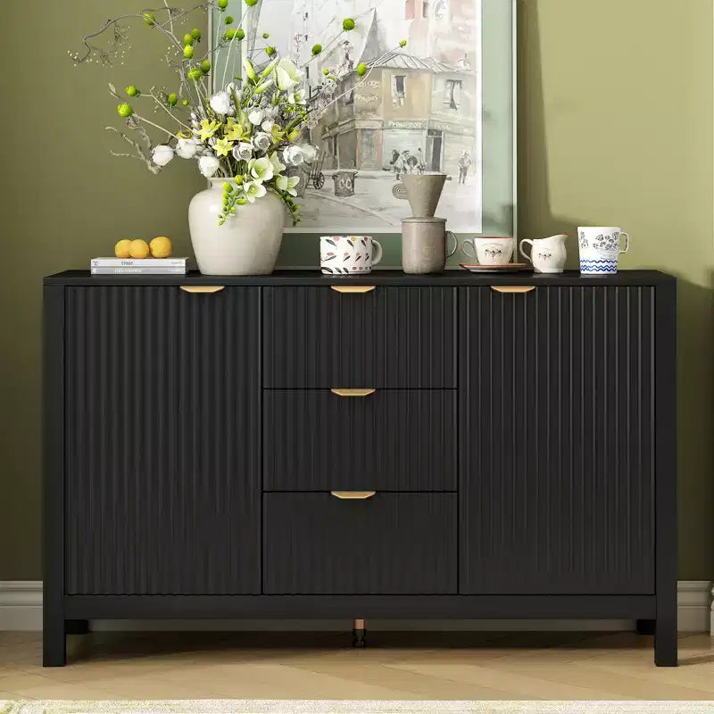 avec design ondulé, 3 étagères réglables, 3 tiroirs et portes à fermeture amortie, console de rangement avec poignées métalliques