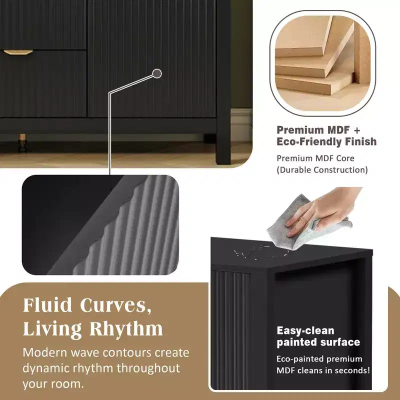 avec design ondulé, 3 étagères réglables, 3 tiroirs et portes à fermeture amortie, console de rangement avec poignées métalliques