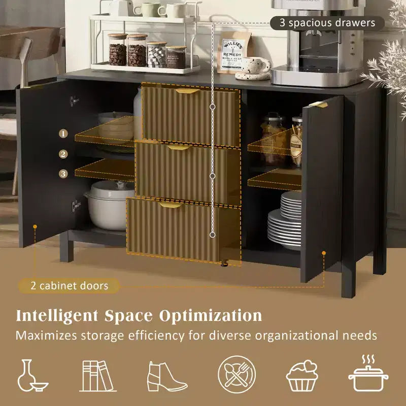 avec design ondulé, 3 étagères réglables, 3 tiroirs et portes à fermeture amortie, console de rangement avec poignées métalliques