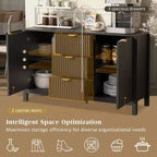avec design ondulé, 3 étagères réglables, 3 tiroirs et portes à fermeture amortie, console de rangement avec poignées métalliques
