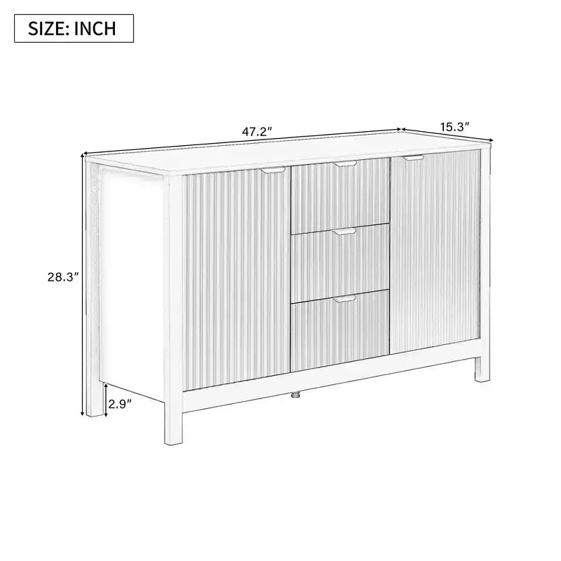 avec design ondulé, 3 étagères réglables, 3 tiroirs et portes à fermeture amortie, console de rangement avec poignées métalliques