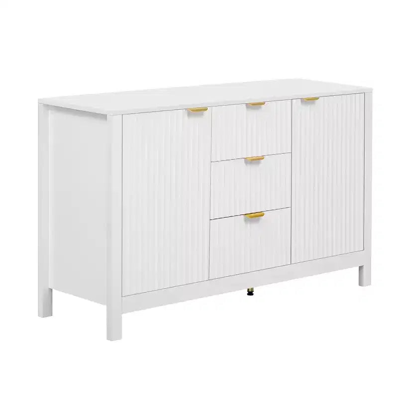 avec design ondulé, 3 étagères réglables, 3 tiroirs et portes à fermeture amortie, console de rangement avec poignées métalliques