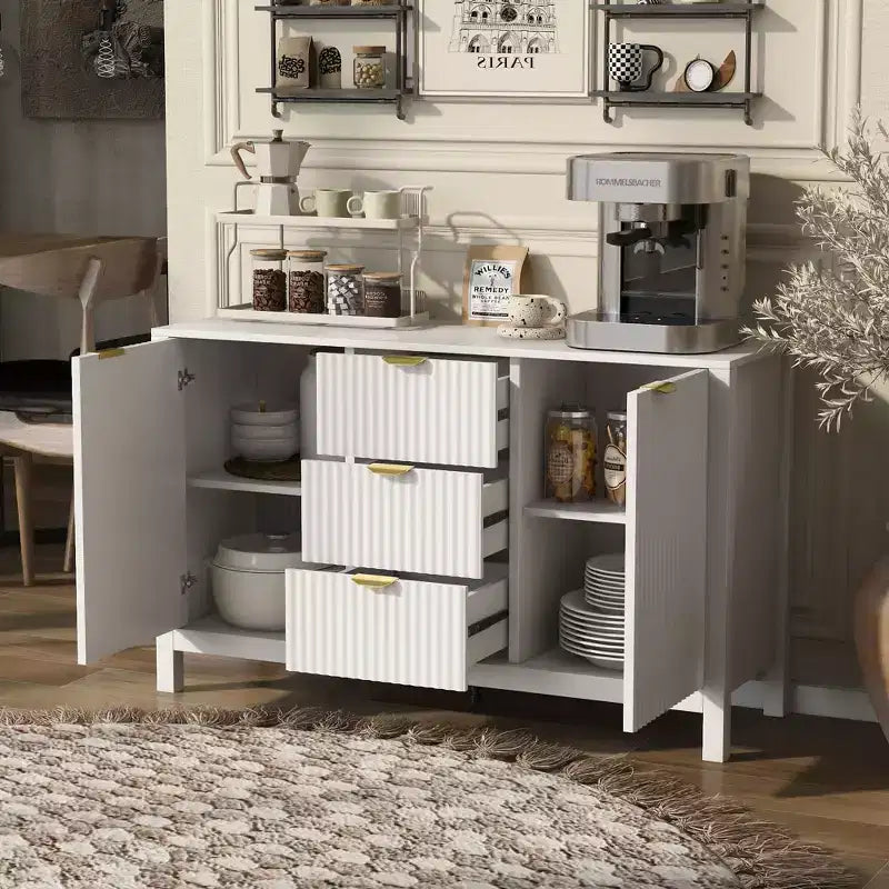 avec design ondulé, 3 étagères réglables, 3 tiroirs et portes à fermeture amortie, console de rangement avec poignées métalliques