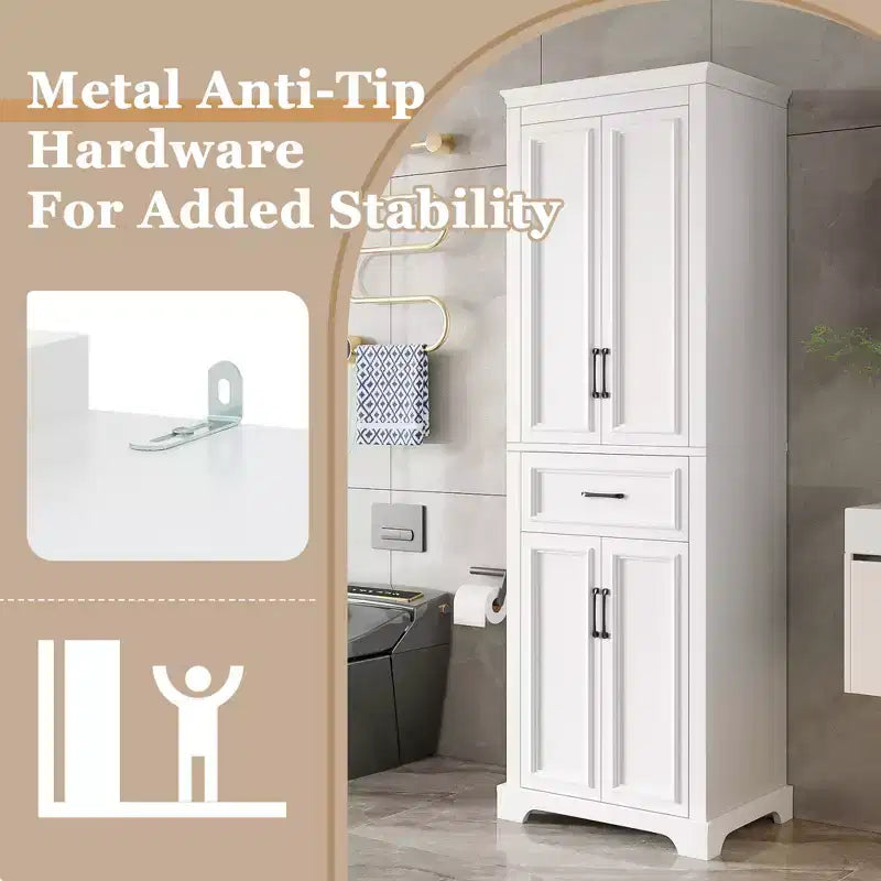 Meuble de rangement de salle de bain sur pied avec tiroir, étagères réglables, portes à charnières amorties, finition peinte durable, blanc