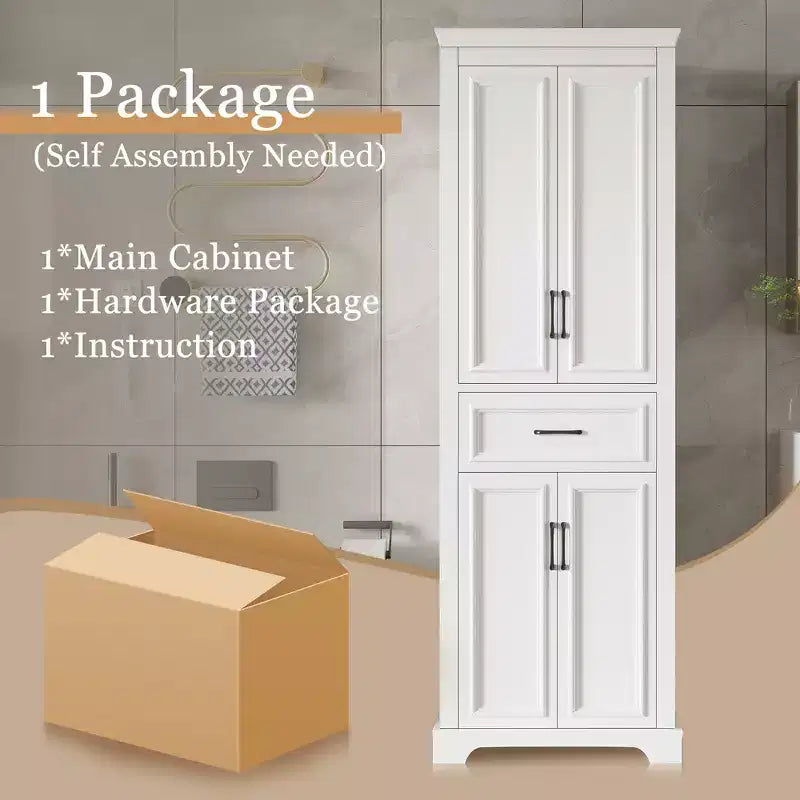 Meuble de rangement de salle de bain sur pied avec tiroir, étagères réglables, portes à charnières amorties, finition peinte durable, blanc